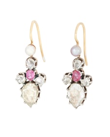 A Pair of Antique, 18K Gold, Silver, Diamond and Ruby Earrings