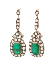 A Pair of Silver Topped-Gold, Emerald and Diamond Earrings