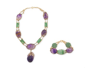 A 14K Gold, Amethyst and Jade Necklace and Bracelet Set