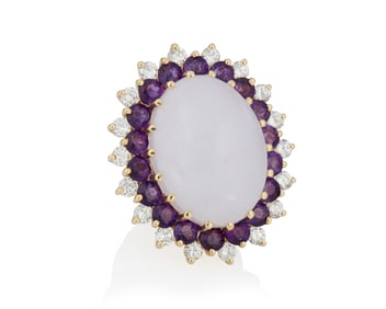A 14K Gold, Lavender Jade, Amethyst and Diamond Ring
