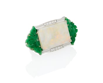 A Platinum, Jadeite Jade and Opal Ring