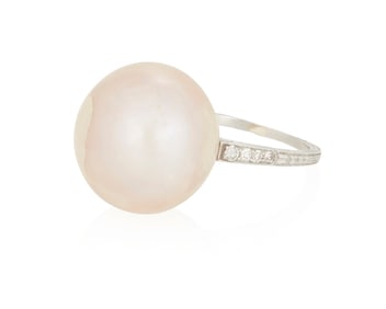 A Platinum, Natural Pearl and Diamond Ring