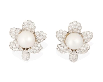 A Pair of 18K White Gold, Cultured Pearl, and Diamond Earclips