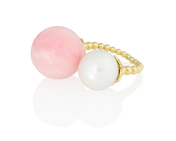 An 18K Gold, Pink Opal and Cultured Pearl Ring