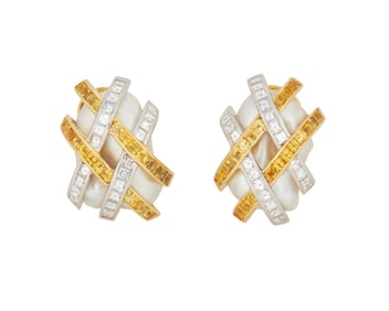 A Pair of 18K Gold, Baroque Pearl, Diamond and Yellow Sapphire Earclips