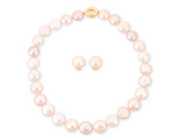 Gumps: A Gold and Colored Cultured pearl Necklace and Earring Set