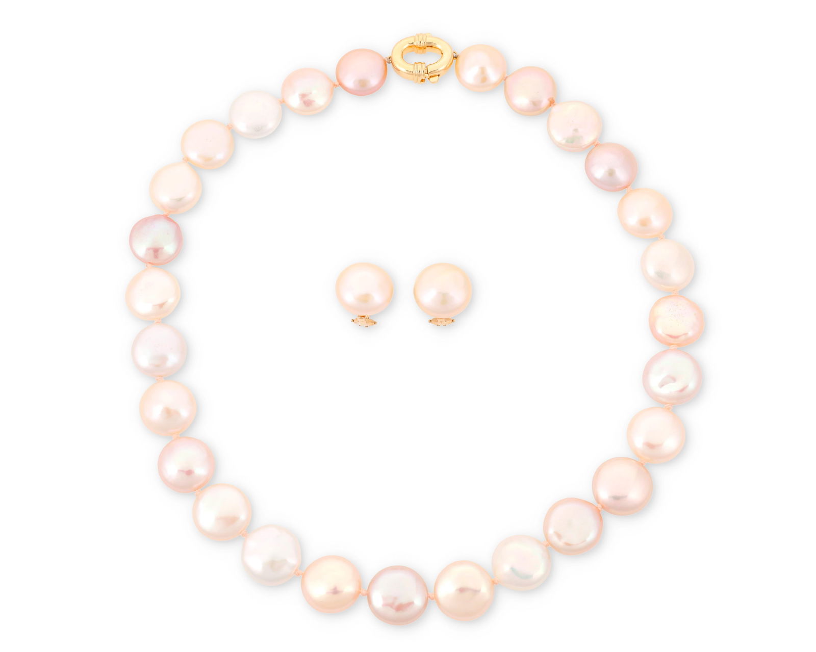 Gumps: A Gold and Colored Cultured pearl Necklace and Earring Set: Gumps: A Gold and Colored Cultured pearl Necklace and Earring SetFeaturing large button colored cultured pearls measuring approximately 7.20 x 14.00 mm, earrings signed Gumps with makers makers, accom