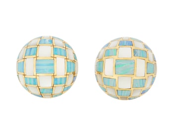 Angela Cummings for Tiffany & Co: A Pair of 18K Gold, Mother-of-Pearl, and Opal Earclips