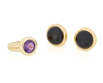 Tiffany & Co: An 18K Gold and Gem-Set Ring and Pair of Earrings