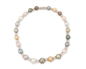 An 18K Gold, Colored Cultured Pearl and Diamond Necklace