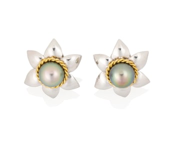 A Pair of Bi-Color Gold, and Colored Cultured Pearl Earclips