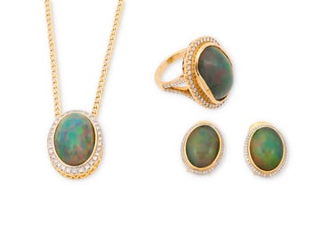 A 14K Gold, Opal and Diamond Suite
