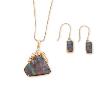 A Gold, Boulder Opal and Diamond Necklace and Earrings Set