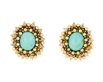 A Pair of 18K Gold, Turquoise, Sapphire and Diamond Earclips