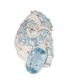 A Platinum, Synthetic Spinel, Aquamarine and Diamond Clip