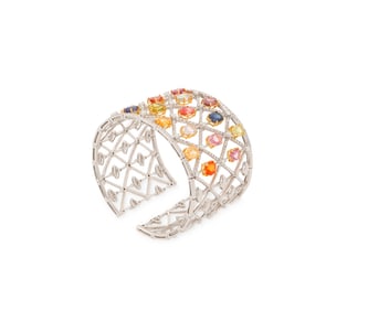 An 18K White Gold, Colored Sapphire, and Diamond Cuff