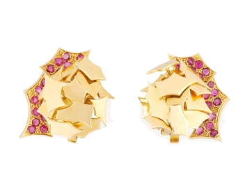 A Pair of 18K Gold and Ruby Earclips