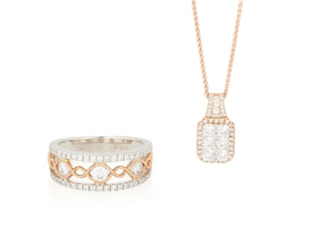 An 18K Bi-Color Gold and Diamond Ring and Necklace
