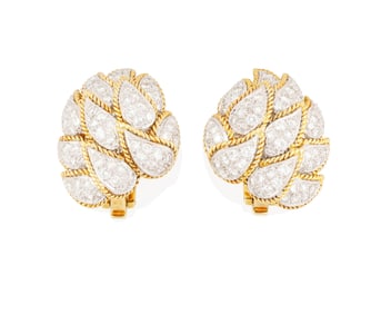 A Pair of 18K Bi-Color Gold and Diamond Earclips