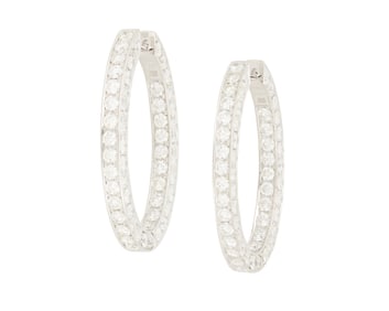 A Pair of 18K White Gold and Diamond Hoop Earrings