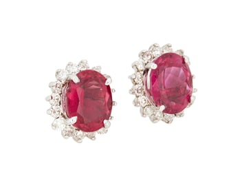 A Pair of 14K White Gold, Rubellite Tourmaline and Diamond Earrings