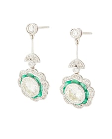 A Pair of Platinum, Emerald and Diamond Earrings