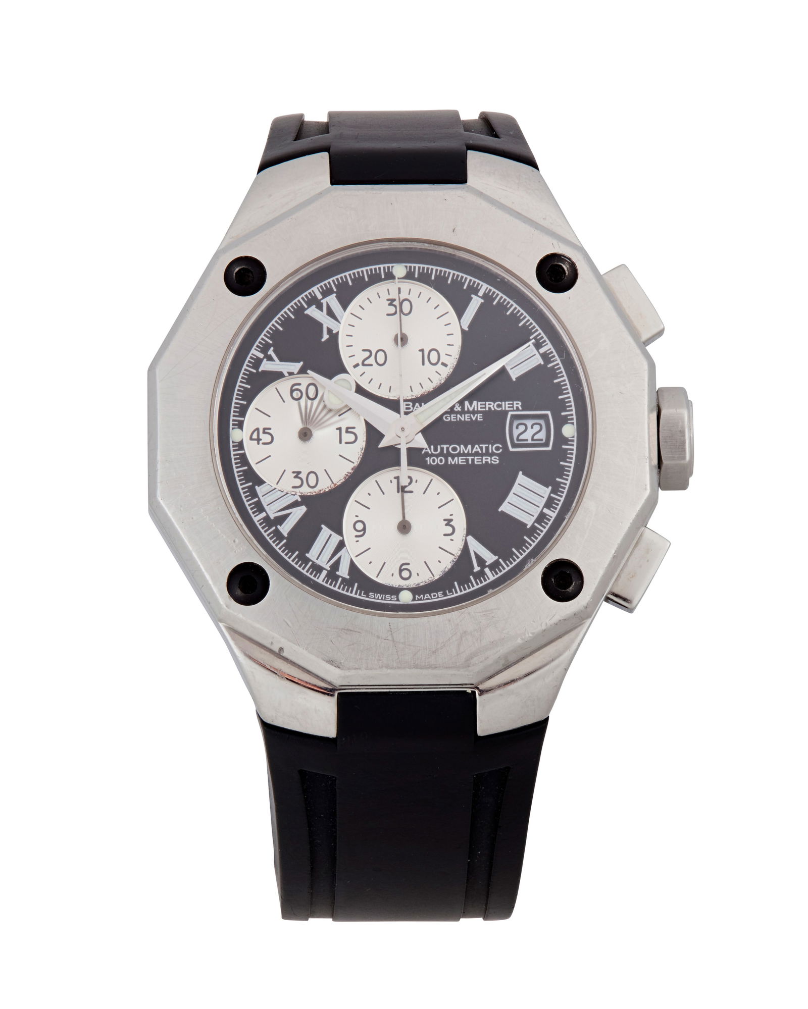 Baume & Mercier: A Stainless-Steel Chronograph Watch: Baume & Mercier: A Stainless-Steel Chronograph WatchDial: 33.00 mm, round black dial with Roman numeral hour markers and three subsidiary dialsModel: RivieraCase: 45.00 mmCase number:†5050299Closure
