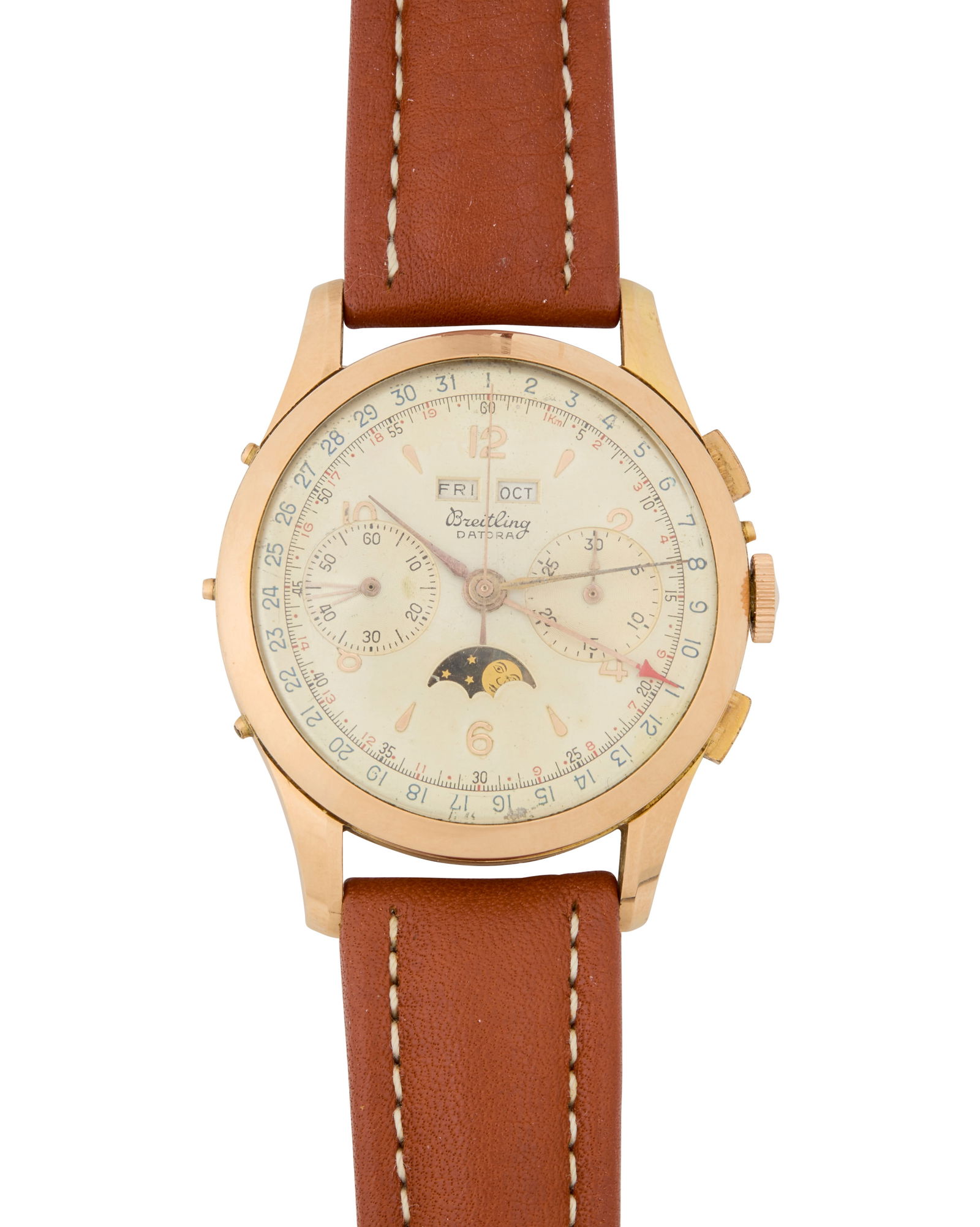 Breitling: A Rose Gold 'Datora' Watch: Breitling: A Rose Gold 'Datora' WatchDial: 35.00 mm, round with mixed hour markers and two subsidiary dialsModel: Datora B25Case: 40.00 mmCase number:†622710Closure: brown leather strap with plated