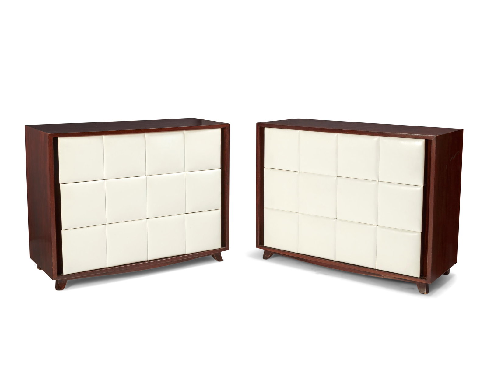 Gilbert Rohde (1894-1944), A pair of dressers model 4140 for Herman Miller, mid-20th century: Gilbert Rohde (1894-1944)A pair of dressers model 4140 for Herman Miller, mid-20th centuryDesigned circa 1940sEach appears unmarkedEach wood cabinet with three drawers featuring white faux leather pad