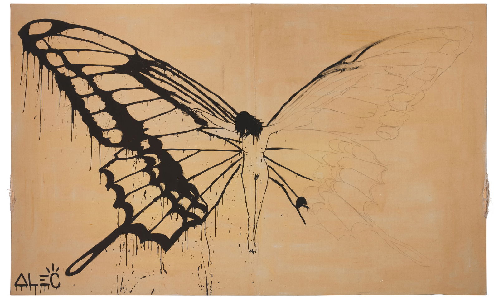 Alec Monopoly (b. 1986), Nude figure with butterfly wings: Alec Monopoly(b. 1986)Nude figure with butterfly wingsAcrylic on linenSigned lower left: Alec73.5" H x 119.5" W Other Notes:It is possible that this lot is either a study for or is based u