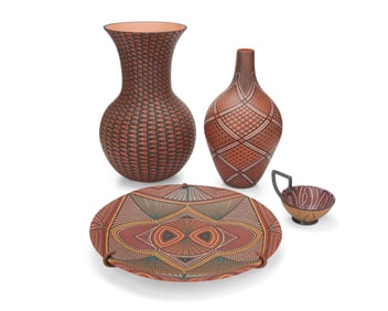 Ricky Maldonado (b. 1953), Four dot-glaze adorned pottery vessels, early 21st century