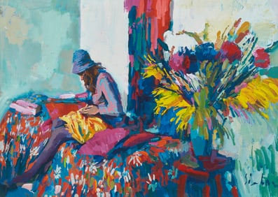 Nicola Simbari (1927-2012), Interior view with flowers and a woman sitting on a bed