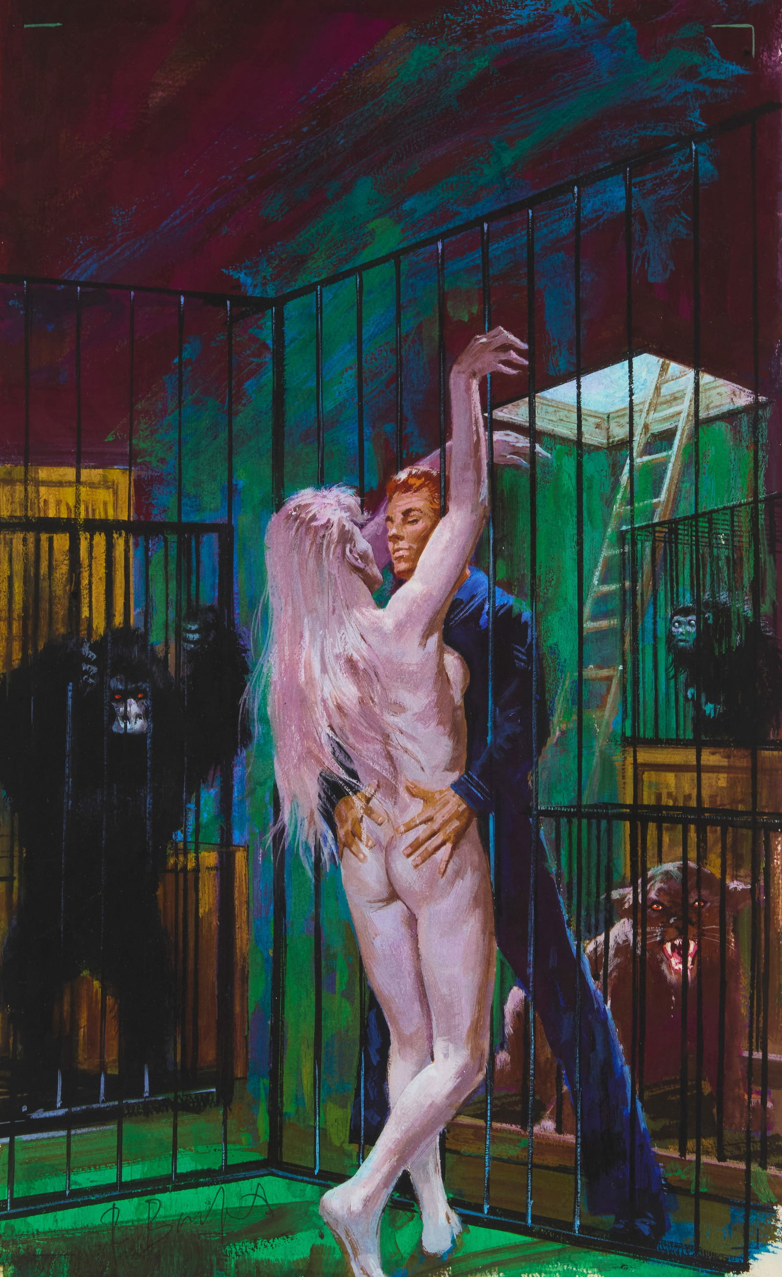 Robert Bonfils (b. 1922), "Death's Loving Arms," circa 1966: Robert Bonfils(b. 1922)"Death's Loving Arms," circa 1966Gouache and ink on artist's boardSigned lower left: R. BonfilsSold together with a copy of the paperback book for which it served as the cover a