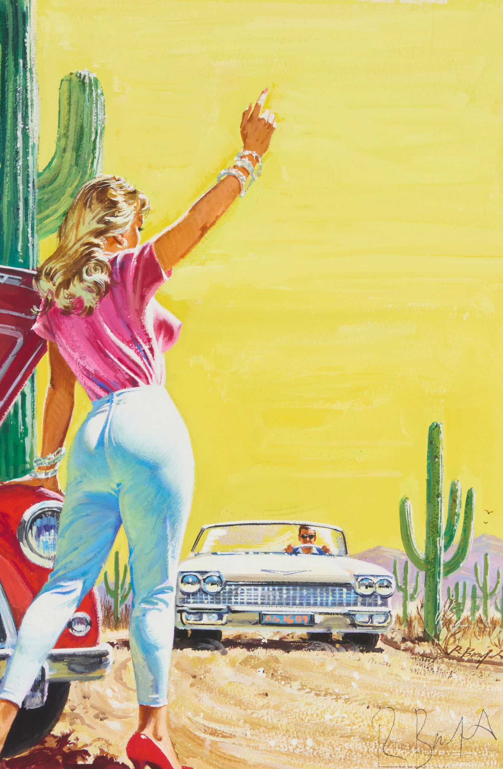 Robert Bonfils (b. 1922), "Blonde Danger," circa 1960: Robert Bonfils(b. 1922)"Blonde Danger," circa 1960Gouache on artist's boardSigned (twice) in the lower right quadrant: once on the ground to the right of the cactus, and once in the lower right corner