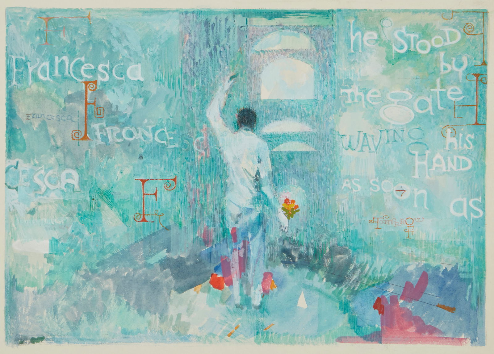 Mario Armond Zamparelli (1921-2012), Man on stage: Mario Armond Zamparelli(1921-2012)Man on stageGouache, colored pencil, and mixed media on artist's boardUnsigned; estate stamped versoImage: 12" H x 16.75" W; Artist's board: 15" H x 21.75" W Pr