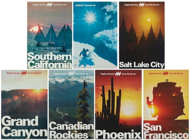 A group of seven Hughes Airwest travel posters