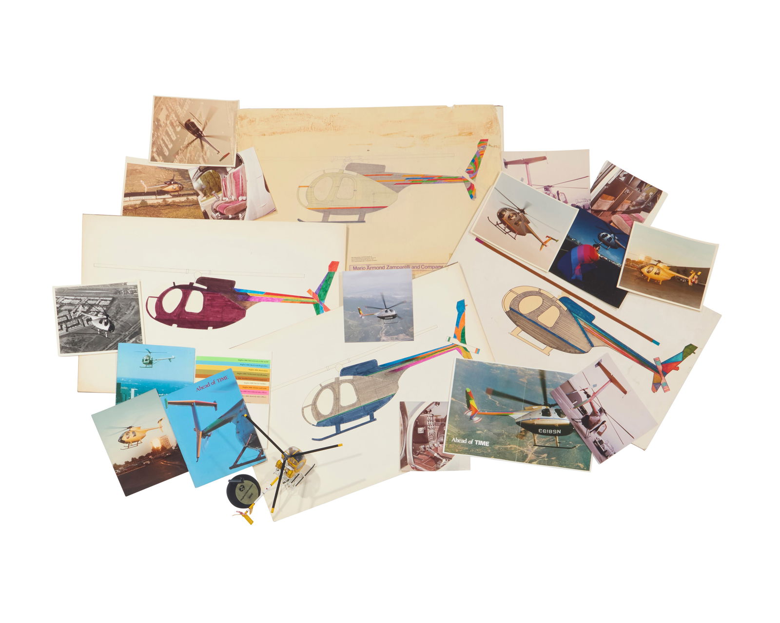 A group of Mario Armond Zamparelli and Company for Hughes Helicopters graphic designs and: A group of Mario Armond Zamparelli and Company for Hughes Helicopters graphic designs and promotional materialsCirca 1980s/1990sA large group of promotional materials related to Hughes Helicopters, in
