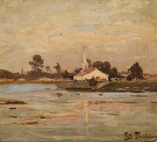 Frits Thaulow (1847-1906), Landscape with a church by a lake