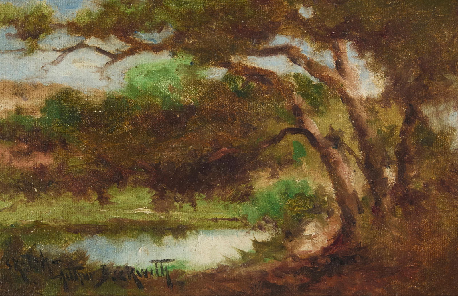 Arthur Beckwith (1860-1930), Landscape with creek: Arthur Beckwith(1860-1930)Landscape with creekOil on canvasboardSigned and inscribed lower left: Arthur Beckwith / "-Sketch-"7.375" H x 10.875" W Provenance:Sold: San Rafael Auction Galler