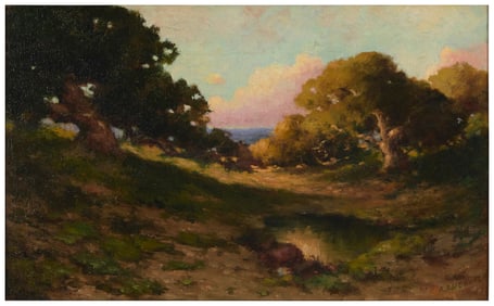 Arthur Beckwith (1860-1930), "Marin Landscape with Oaks and S.F. Bay"