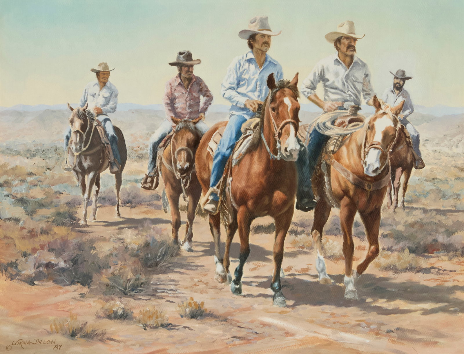 Lorna Dillon (b. 1940), "Comin' to Town...," 1987: Lorna Dillon(b. 1940)"Comin' to Town...," 1987Oil on canvasSigned and dated lower left: © Lorna Dillon / '87; signed and dated again, titled, and inscribed on the stretcher: "Painted especially for A