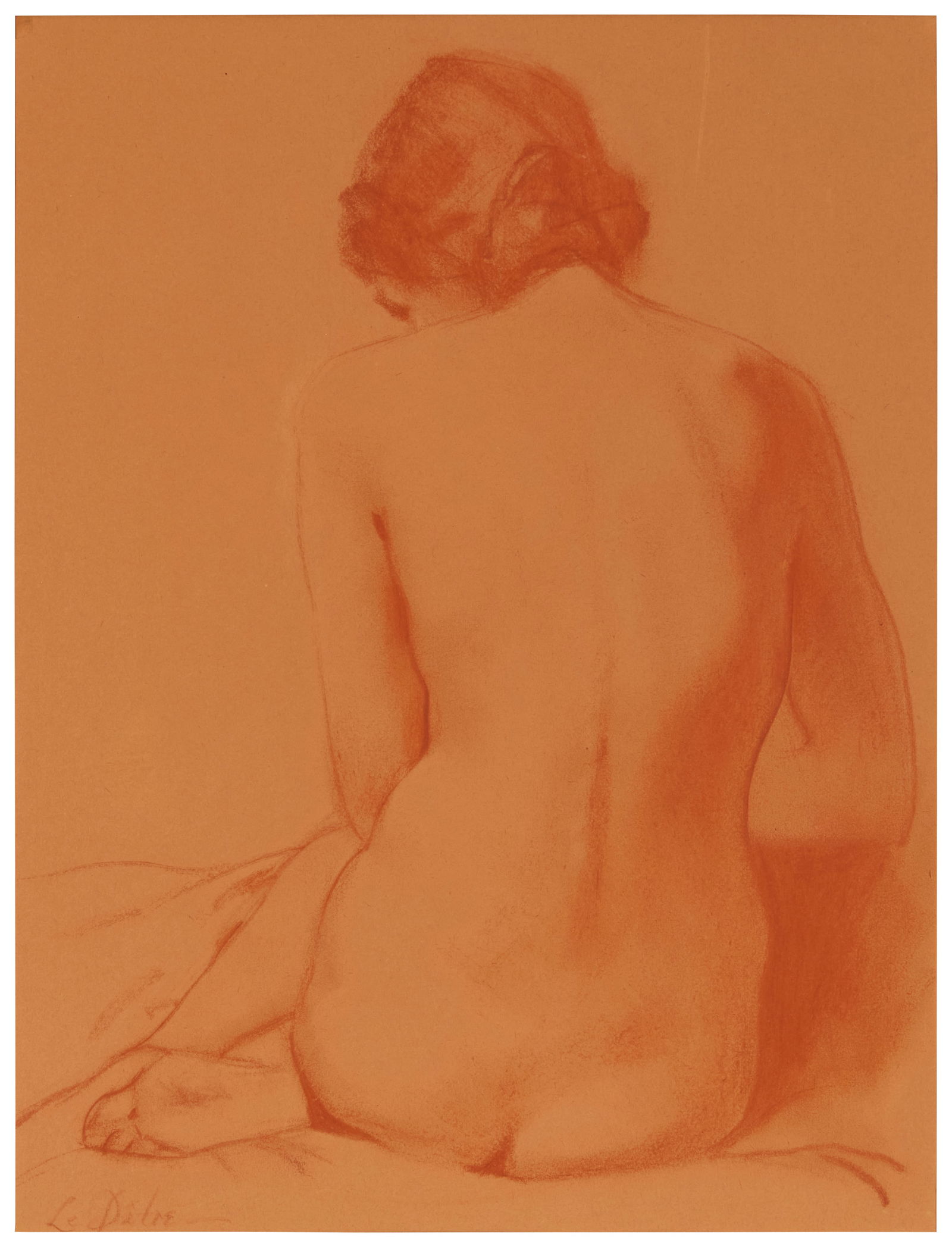 20th Century European School: 20th Century European SchoolNude studyConte crayon on tan paperInscribed indistinctly lower leftSight: 15.75" H x 12" W