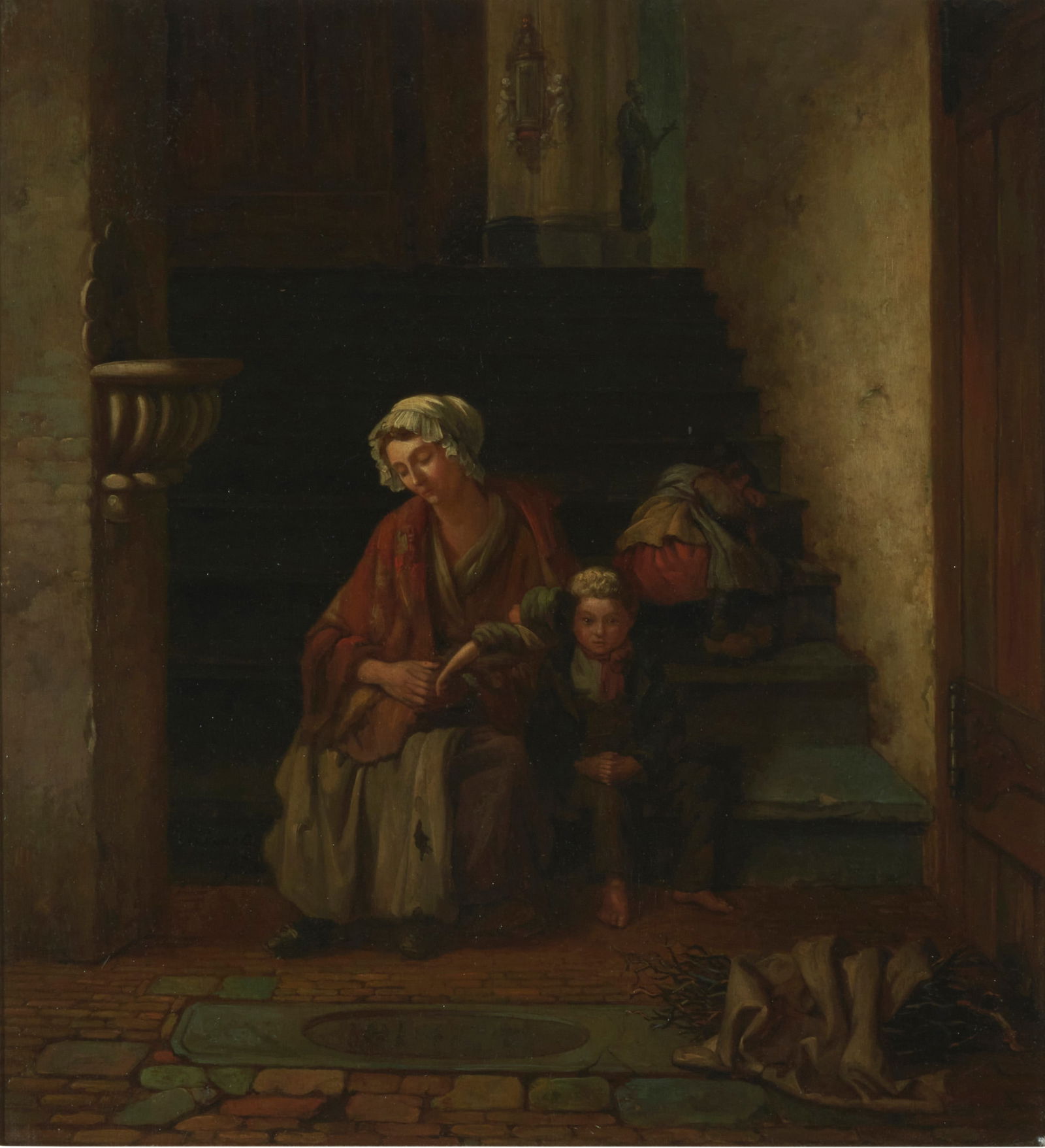 Cornelis Speets (1794-1862), "Vermoeide Keukenjongens" (Tired kitchen urchins), 1840: Cornelis Speets(1794-1862)"Vermoeide Keukenjongens" (Tired kitchen urchins), 1840Oil on panelSigned, dated, and inscribed in the lower left quadrant, to the left of the woman's skirts: G. Speets / "fc