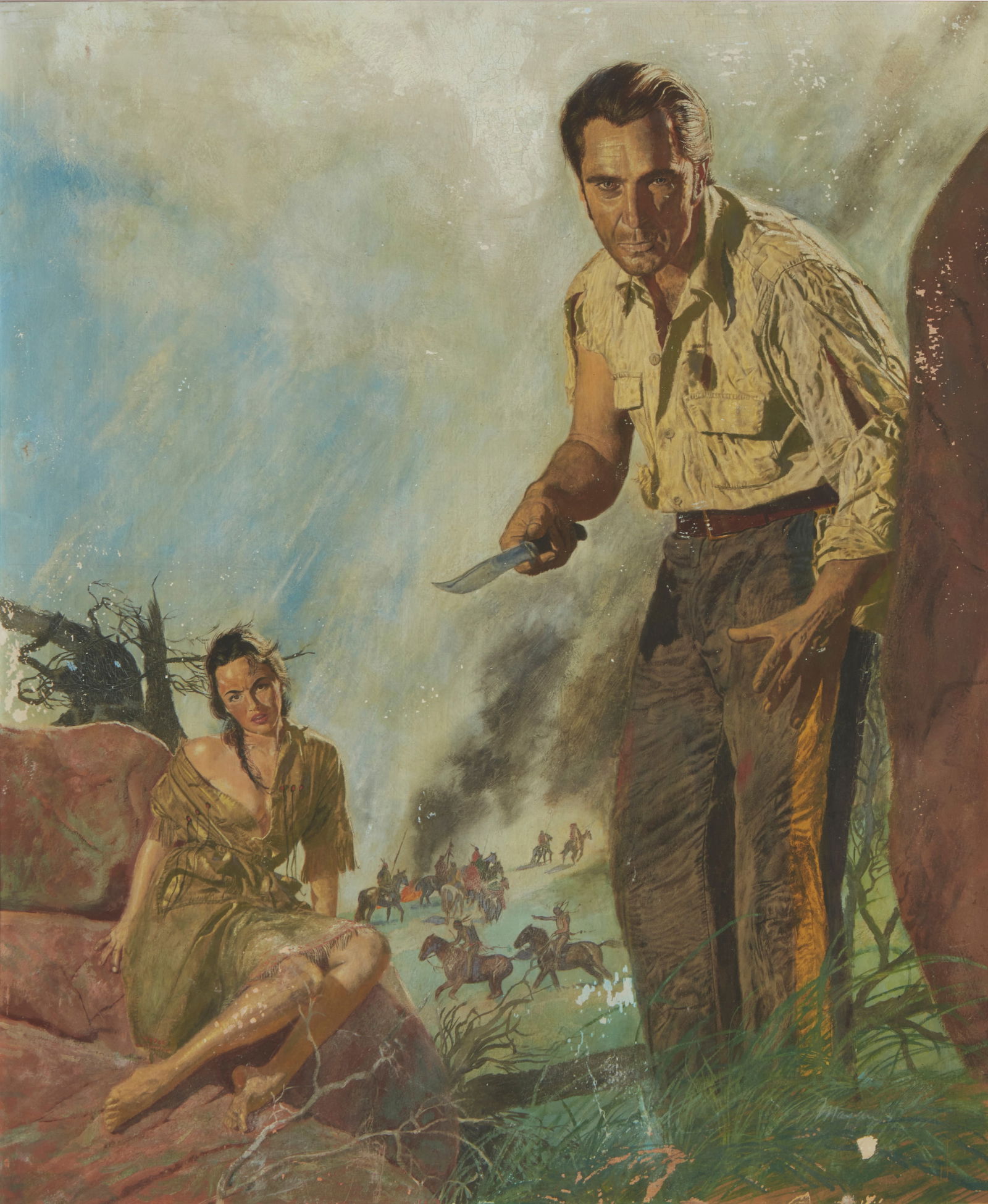 Earl Mayan (1916-2009), "No Survivors": Earl Mayan(1916-2009)"No Survivors"Oil and tempera on thin paperboardSigned lower right: MayanSight: 23.5" H x 19.5" W Other Notes:Mayan painted this image as the cover art for the paperba