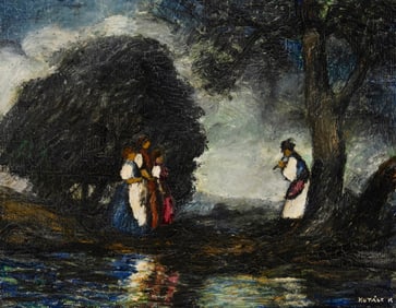 Karoly Kotasz (1872-1941), Flute player and three figures near a river