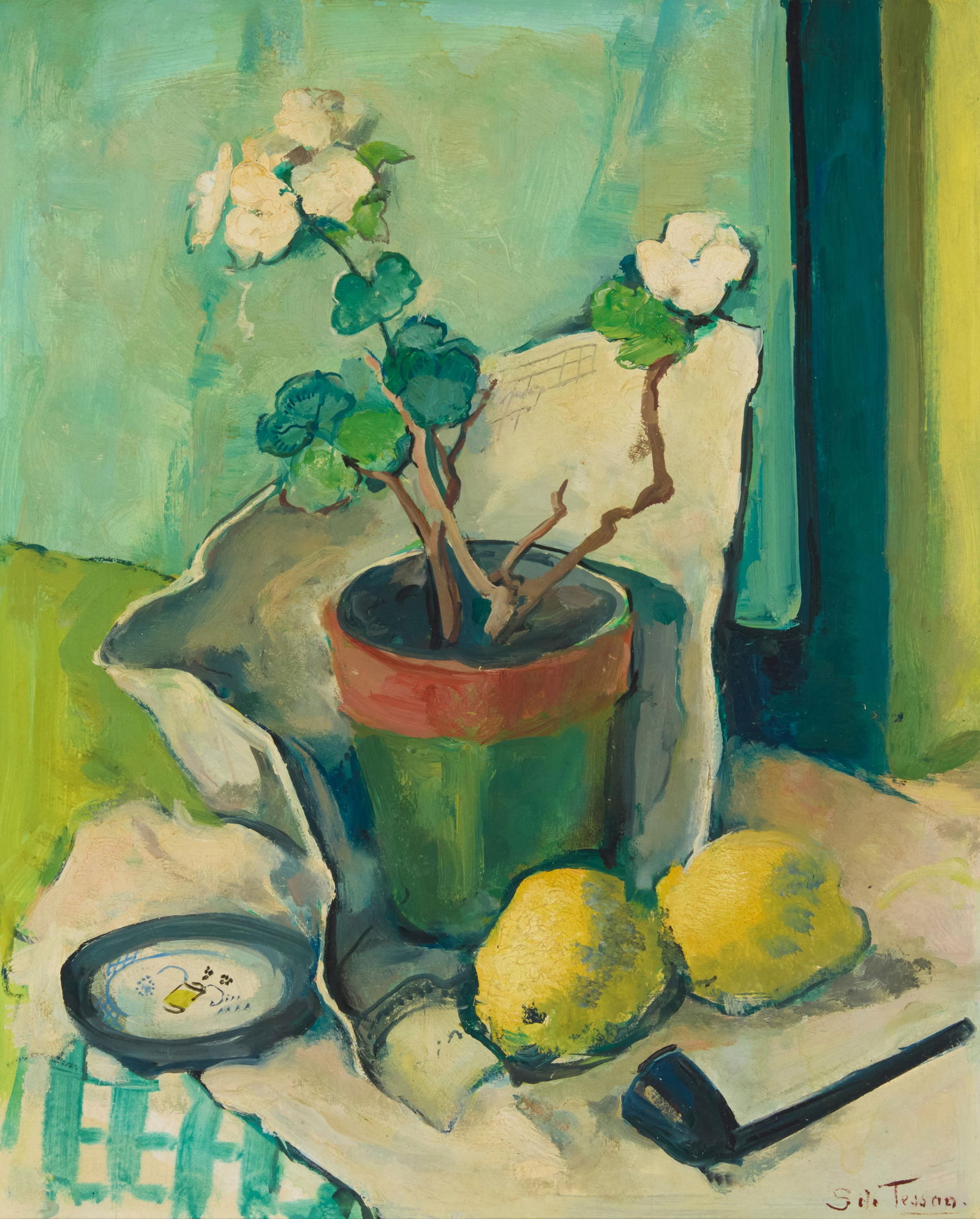 Mid 20th Century American School: Mid 20th Century American SchoolStill life with lemons and a pipeOil on panelSigned, partially indistinctly, lower right: S** Tess**17" H x 13.5" WProvenance:Sold: La Salle Gallery, San Francisco