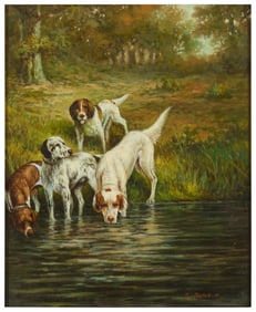 After Percival Rousseau (1859-1937), Four hunting dogs drinking from a pond