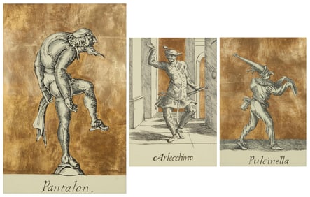 Three late 20th century Italian Commedia dell'arte prints with gold leaf