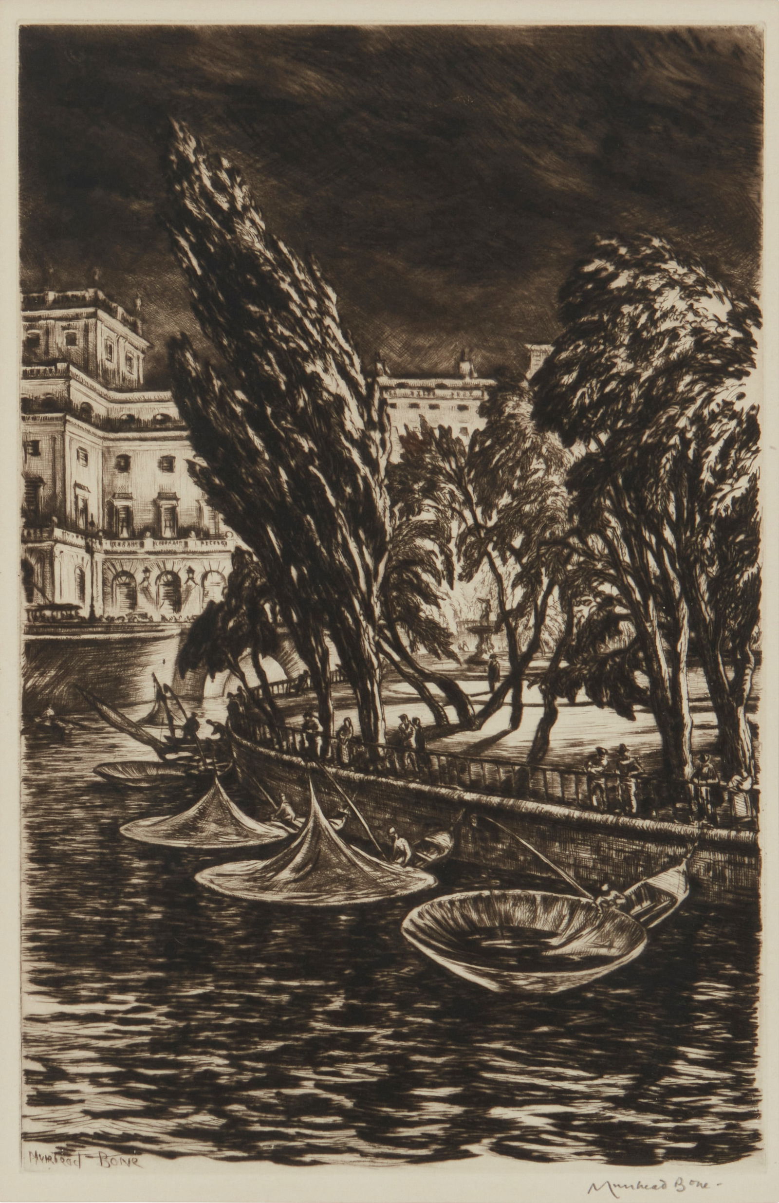 Muirhead Bone (1876-1953), "Windy Night, Stockholm," 1935: Muirhead Bone(1876-1953)"Windy Night, Stockholm," 1935Drypoint on wove paperFrom the edition of unknown sizeSigned in pencil in the lower margin, at right: Muirhead Bone; with the artist's name and ti