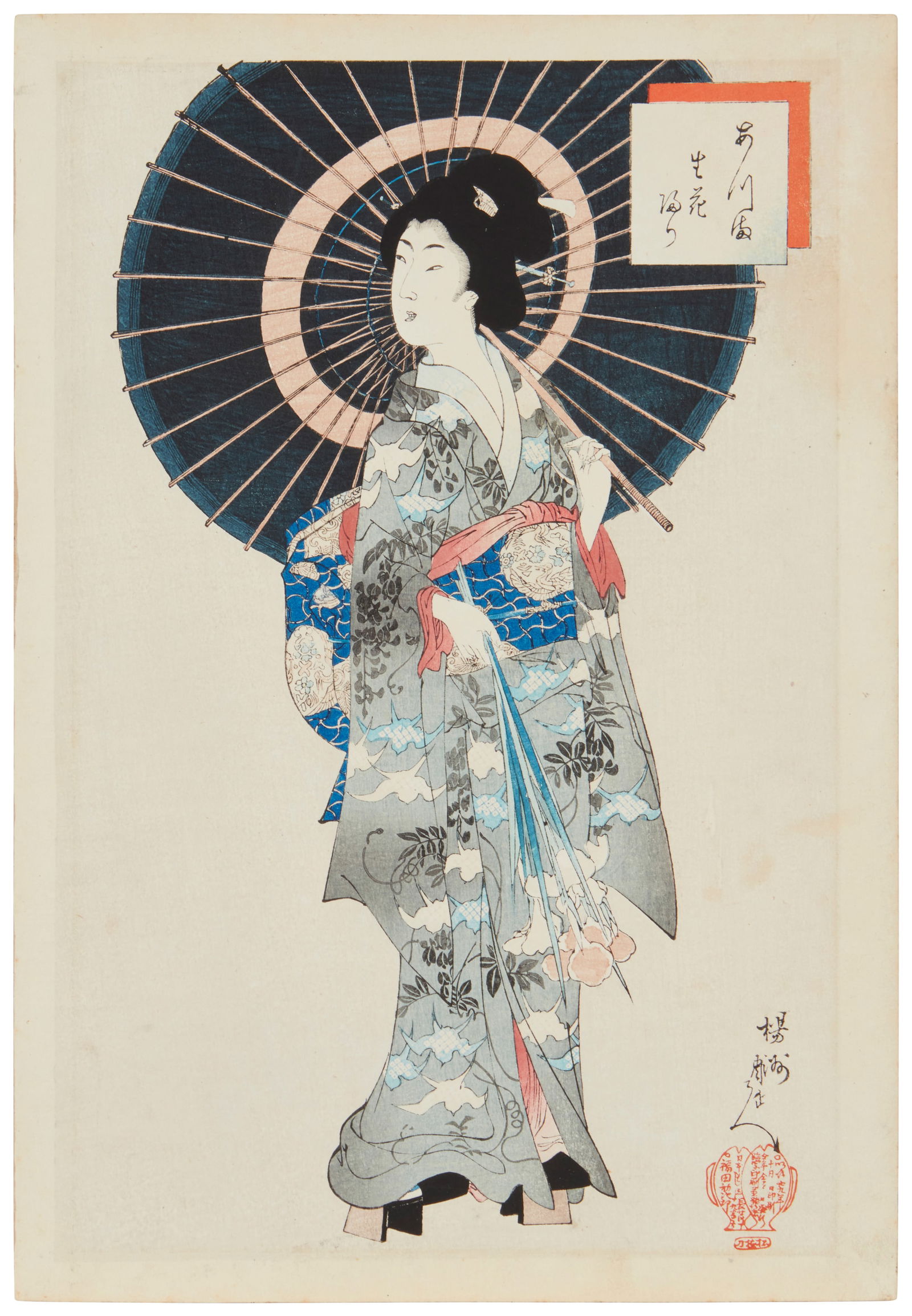 Toyohara Chikanobu (1838-1912), "Seika Haeri," from "The Fashions of the East," 1896: Toyohara Chikanobu(1838-1912)"Seika Haeri," from "The Fashions of the East," 1896Woodcut in colors on paper laid to paperFrom the edition of unknown size and dateWith the signature and seal in Japanes